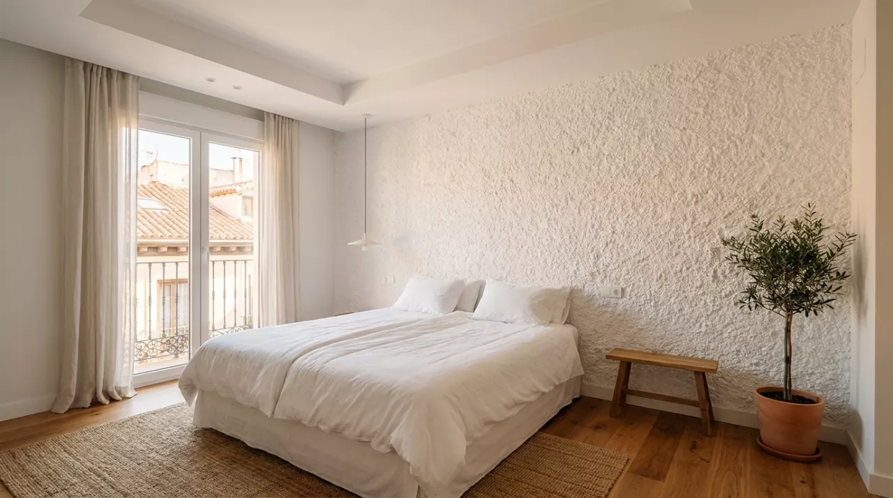 Dormitorio con gotelé grueso antes de cubrirlo con papel pintado