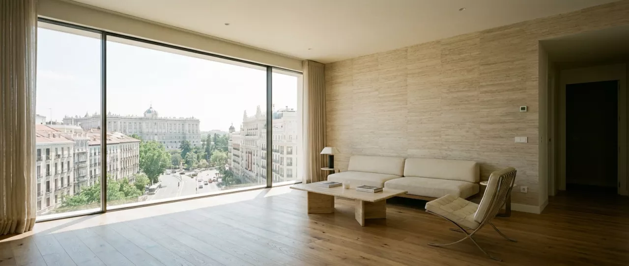 Salón de un piso de Madrid con papel pintado instalado sobre la pared