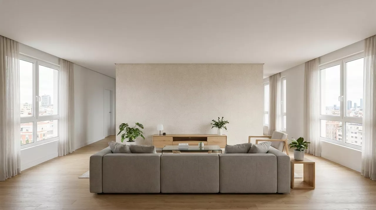 Salón con papel pintado liso instalado sobre gotelé, después